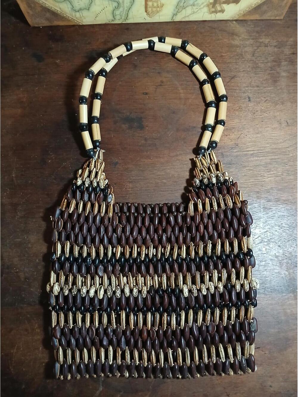 Handmade Beaded Wooden Tote Bag with Patterned Design
